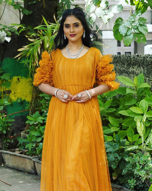 Pleated Yoke with Long Gown