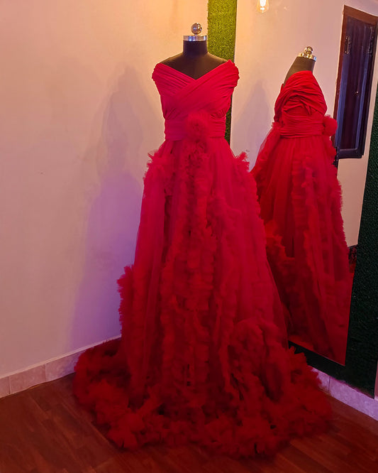 Red Wrap Long Ruffle Gown