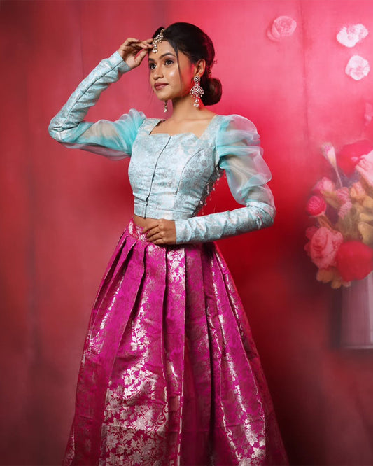 Banarasi Pleated Skirt with Croptop Back Aari Work