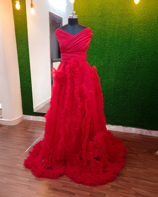 Red Wrap Long Ruffle Gown
