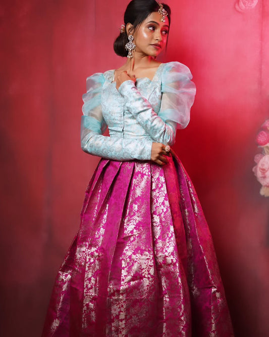 Banarasi Pleated Skirt with Croptop Back Aari Work