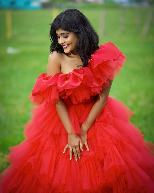 Heavy Layered Half Shoulder Gown